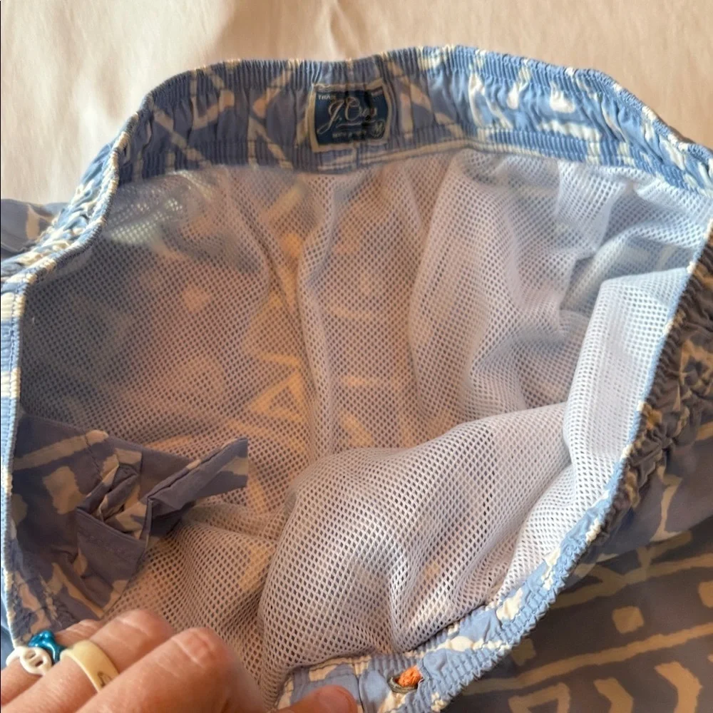 J. Crew Blue and Cream Geometric Swim Trunks